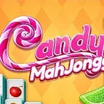 Barevný obrázek s logem Candy MahJongg obklopeným sladkostmi a hracími kameny