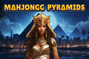 Egyptská královna ve zlaté čelence před pyramidami za soumraku s nápisem „Mahjongg Pyramids nahoře
