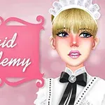 Ilustrace ženy v převleku služebné s růžovým pozadím a nápisem Maid Academy