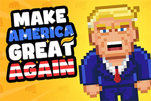 Pixelová postava muže ve formálním obleku vedle nápisu Make America Great Again na žlutém pozadí