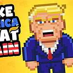 Pixelová postava muže ve formálním obleku vedle nápisu Make America Great Again na žlutém pozadí
