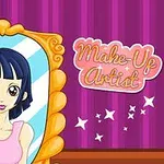 Dívka s modrými vlasy v růžovém tílku se dívá do zrcadla s ozdobným rámem, na pozadí jsou růžové pruhy a nápis Make-Up Artist