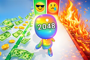 Barevná postavička s nápisem 2048 běží mezi létajícími bankovkami a ohnivou stěnou