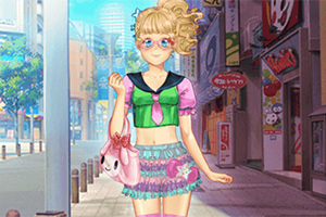 Blond dívka s brýlemi ve veselém oblečení kráčí ulicí plnou obchodů v anime stylu