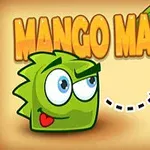 Zelená kreslená postava s výraznýma očima se dívá na mango visící z větve, doprovázena nápisem Mango Mania