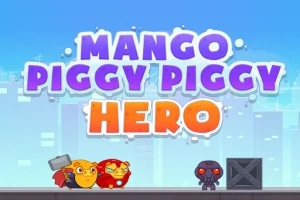 Dva kreslení hrdinové v brnění stojí vedle sebe pod velkým názvem Mango Piggy Piggy Hero na pozadí městské krajiny