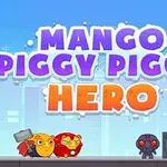 Dva kreslení hrdinové v brnění stojí vedle sebe pod velkým názvem Mango Piggy Piggy Hero na pozadí městské krajiny