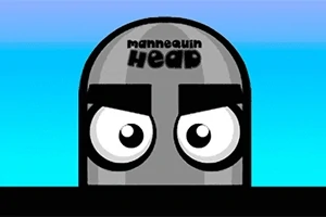 Kreslená hlava figuríny s nápisem mannequin Head a výraznýma očima na modrém pozadí