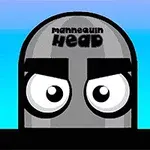 Kreslená hlava figuríny s nápisem mannequin Head a výraznýma očima na modrém pozadí