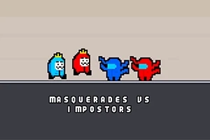 Postavičky v barevných kostýmech s korunami a nápis Masquerades vs Impostors na spodní části obrázku