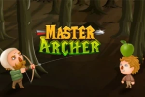 Dva kreslení postavičky v lese, jedna střílí šípem na jablko na hlavě druhé, s nápisem Master Archer mezi nimi