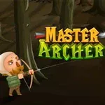 Dva kreslení postavičky v lese, jedna střílí šípem na jablko na hlavě druhé, s nápisem Master Archer mezi nimi