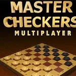 Název Master Checkers Multiplayer nad šachovnicí s černými a bílými figurkami na tmavém pozadí