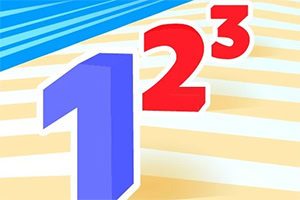 Barevné trojrozměrné číslice 1, 2 a 3 na žluto-modrém pruhovaném pozadí