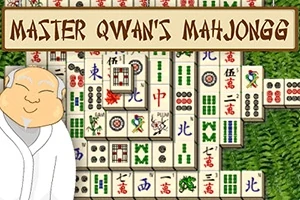 Usmívající se ilustrace staršího muže v bílém rouchu vedle stohovaných mahjongových kamenů na zeleném pozadí s nápisem nahoře