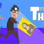 Zloděj v masce utíká s obrazem, zatímco ho pronásleduje policista; na modrém pozadí je nápis master Thief