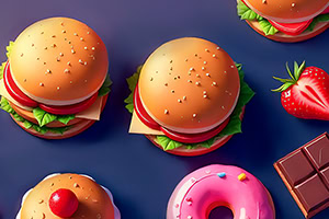 Barevná ilustrace tří hamburgerů se sezamovou houskou, růžového donutu s posypem, jahody a tabulky čokolády na tmavě modrém pozadí