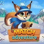 Liška v zimní krajině s šálou a čepicí, držící mapu, obklopená stromy s názvem MATCH adventure v popředí