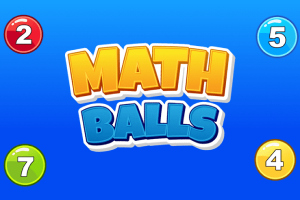 Modré pozadí s nápisem Math Balls uprostřed, obklopené červenou, modrou, zelenou a žlutou koulí s čísly 2, 5, 7 a 4