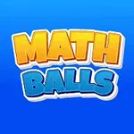 Modré pozadí s nápisem Math Balls uprostřed, obklopené červenou, modrou, zelenou a žlutou koulí s čísly 2, 5, 7 a 4