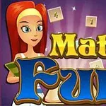 Postava s dlouhými červenými vlasy držící knihu na barevném pozadí s nápisem Math Fun