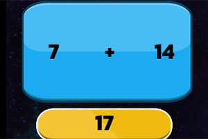 Modrá obrazovka s matematickým příkladem „7 + 14“ a žlutým tlačítkem s číslem „17“