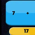 Modrá obrazovka s matematickým příkladem „7 + 14“ a žlutým tlačítkem s číslem „17“