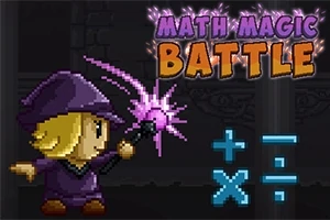 Kreslená postava čaroděje v fialovém plášti s magickou hůlkou a nápisem Math Magic Battle s matematickými symboly