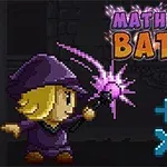 Kreslená postava čaroděje v fialovém plášti s magickou hůlkou a nápisem Math Magic Battle s matematickými symboly