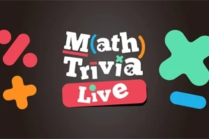 Text Math Trivia Live obklopený barevnými matematickými symboly na tmavém pozadí