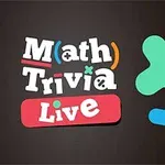 Text Math Trivia Live obklopený barevnými matematickými symboly na tmavém pozadí