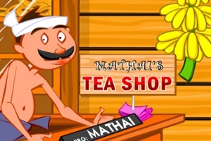 Kreslená postava muže s knírem stojí za pultem čajovny s nápisem Mathais Tea Shop a v pozadí jsou žluté květiny