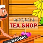 Kreslená postava muže s knírem stojí za pultem čajovny s nápisem Mathais Tea Shop a v pozadí jsou žluté květiny