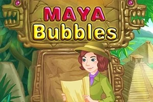 Žena v klobouku drží mapu před starodávným kamenným rámem s nápisem MAYA Bubbles v džungli s mayskými pyramidami v pozadí