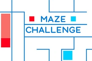 Modrý a červený labyrintový motiv s výraznými čtverci a nápisem MAZE CHALLENGE