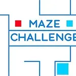 Modrý a červený labyrintový motiv s výraznými čtverci a nápisem MAZE CHALLENGE