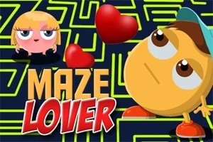 Žlutý kulatý postavička a růžová postavička s dlouhými řasami jsou obklopeny bludištěm a červenými srdíčky, s nápisem MAZE LOVER
