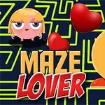 Žlutý kulatý postavička a růžová postavička s dlouhými řasami jsou obklopeny bludištěm a červenými srdíčky, s nápisem MAZE LOVER