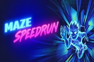 Nápis MAZE SPEEDRUN ve futuristickém neonovém stylu s dynamicky vypadající postavou v pohybu