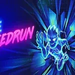 Nápis MAZE SPEEDRUN ve futuristickém neonovém stylu s dynamicky vypadající postavou v pohybu