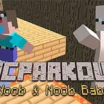 Dva pixelované postavy skáčou na dřevěné plošině s textem MCPARKOUR Noob & Noob Baby v popředí