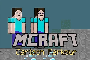 Dva kreslení postavy v modrých tričkách stojí na šedé ploše s nápisem MCRAFT Cartoon Parkour v popředí