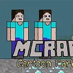 Dva kreslení postavy v modrých tričkách stojí na šedé ploše s nápisem MCRAFT Cartoon Parkour v popředí