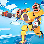 Žlutý a modrý robotický mech s zbraněmi v dynamickém sci-fi prostředí s futuristickými prvky