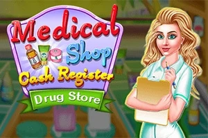 Žena v uniformě s deskami stojí vedle nápisu Medical Shop Cash Register Drug Store na barevném pozadí připomínajícím lékárnu