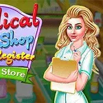 Žena v uniformě s deskami stojí vedle nápisu Medical Shop Cash Register Drug Store na barevném pozadí připomínajícím lékárnu