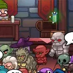 Trpaslík s brýlemi a zelenou čepicí stojí za pultem, obklopen různými barevnými fantasy postavami