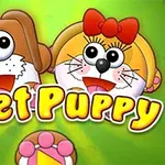 Dva kreslení psi s širokými úsměvy a výraznými očima na zeleném pozadí, s nápisem Meet Puppy