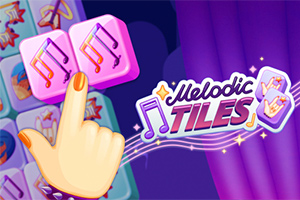 Růžové herní dlaždice s hudebními notami a ručním ukazatelem vedle nápisu Melodic Tiles na fialovém pozadí