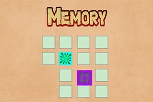 Hra s názvem MEMORY se čtvercovými kartami, přičemž některé jsou otočeny a odhalují vzory v tyrkysové a fialové barvě